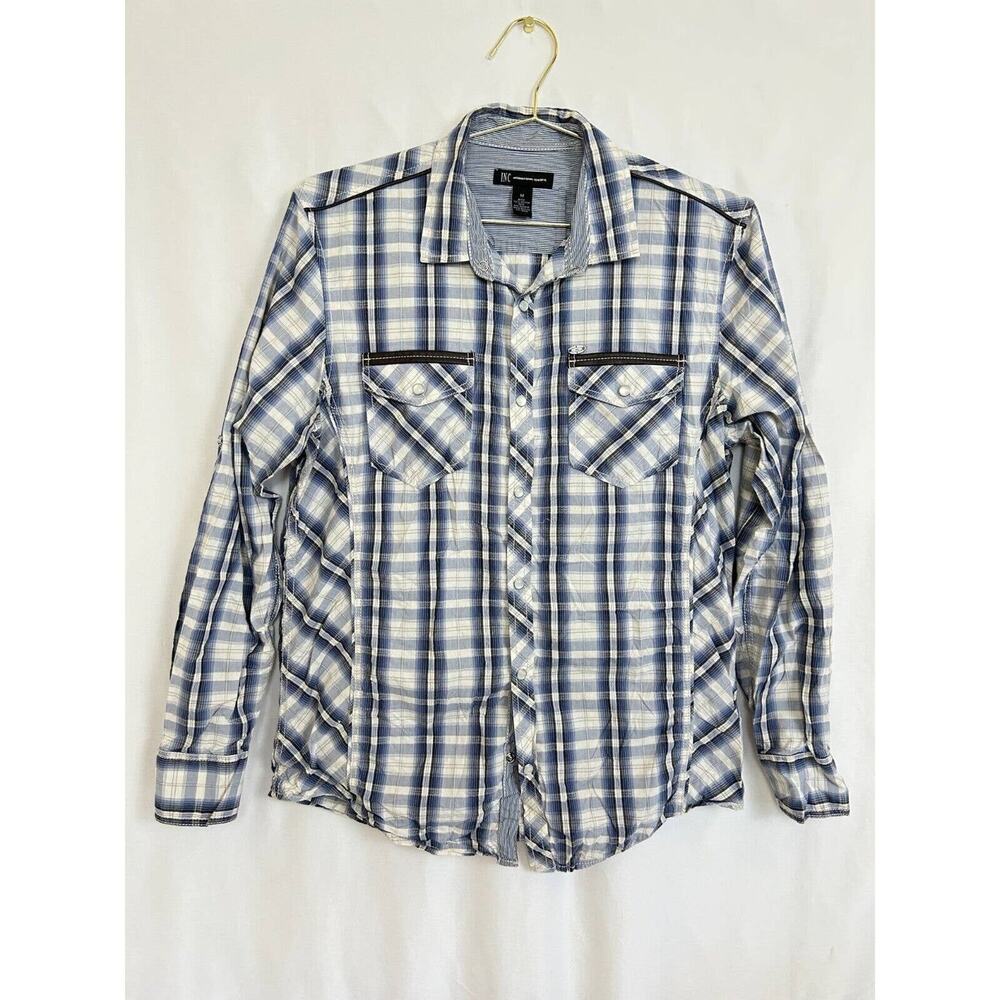I.N.C Western Shirt Women's Medium Plaid Cotton Snap Button Faux Leather Trim‎